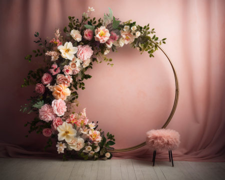 Wedding arch with flowers on a pink background. Wedding decor. (ai generated)の素材