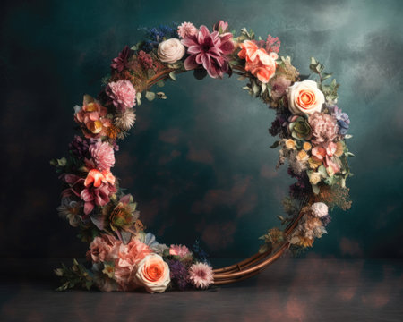 Wedding wreath made of flowers on a dark background. (ai generated)の素材