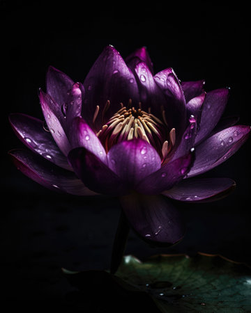 Purple lotus flower on black background with water droplets. (ai generated)の素材