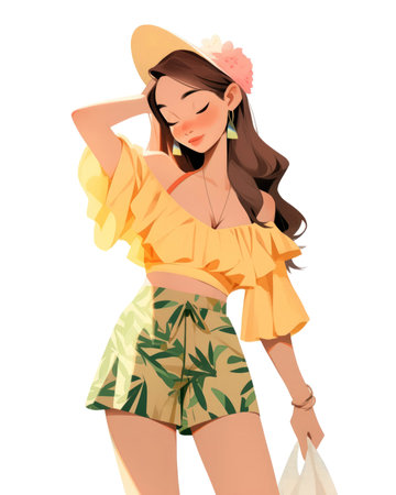 Beautiful asian girl in summer clothes and hat isolated on white background. (ai generated)の素材