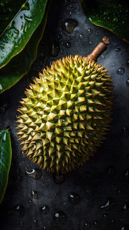 Fresh durian fruit on black background. (ai generated)の素材