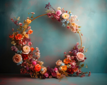 Wreath made of flowers on a blue background. (ai generated)の素材