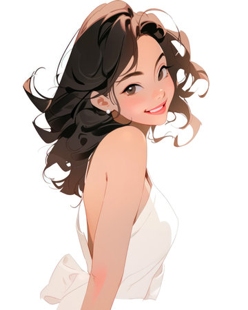 beautiful young woman with long brown hair on white background, vector illustration. (ai generated)の素材