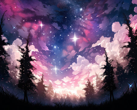 Fantasy night sky with stars, clouds and silhouettes of trees. (ai generated)の素材
