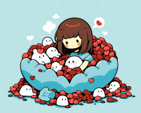 Little girl sitting in a big cloud of hearts. Vector illustration. (ai generated)の素材