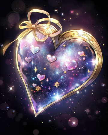 Gift box in the shape of a heart on a cosmic background. (ai generated)の素材