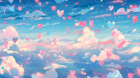 Romantic background with clouds and hearts. Colorful vector illustration. (ai generated)の素材