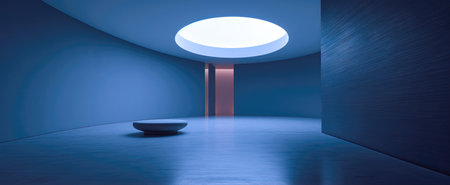 3d rendering of a blue room with a round podium in the middle. (ai generated)の素材
