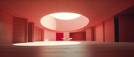 3d rendering of empty room with red floor and round ceiling. (ai generated)の素材