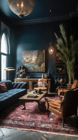 Luxury interior design of living room in classic style. Sofa, armchair, table, lamp and picture on the wall. (ai generated)の素材