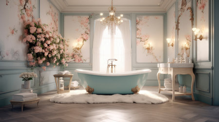 Classic bathroom interior with bathtub and flowers. (ai generated)の素材
