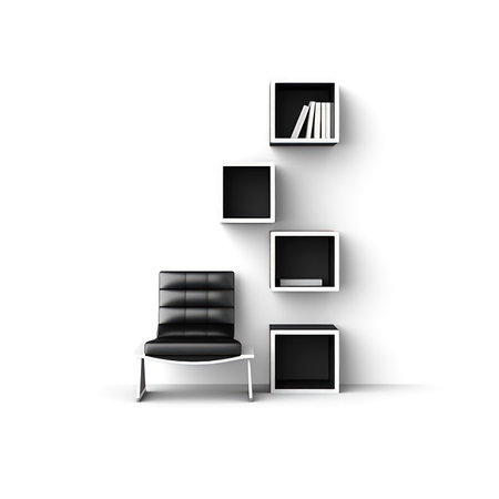 Black leather armchair with bookshelf on white background. Vector illustration. (ai generated)の素材