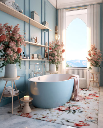 Bathroom interior with bathtub and flowers. (ai generated)の素材