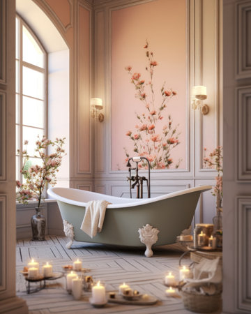 Bathroom interior with bathtub, flowers and candles. (ai generated)の素材