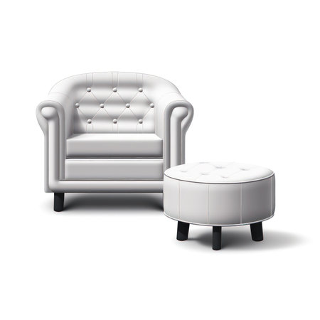 White leather armchair with a pouf on a white background. (ai generated)の素材