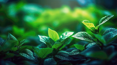 Green leaves background with soft focus and bokeh. Natural background. (ai generated)の素材