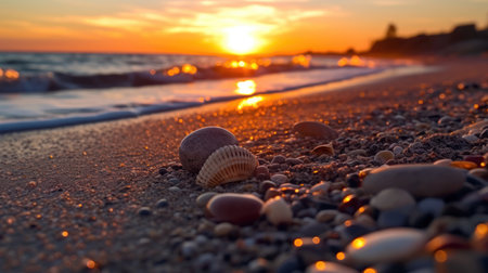 Sunset on the beach with seashells and pebbles. (ai generated)の素材