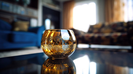 Glass on a table in the living room. Selective focus. (ai generated)の素材