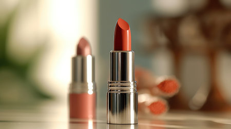 Lipstick on table in bathroom, closeup. Cosmetic products. (ai generated)の素材
