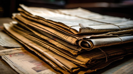 Stack of old newspapers on a wooden table. Vintage style. Selective focus. (ai generated)の素材