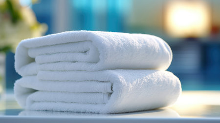 Stack of white towels on table in spa salon. Closeup view. (ai generated)の素材