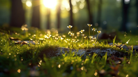 small white flowers on green grass in the forest at sunset in summer. (ai generated)の素材