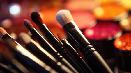 Makeup brushes and cosmetics on table close-up, toned. (ai generated)の素材
