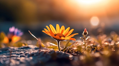 Beautiful orange flower on the background of the sun. Soft focus. (ai generated)の素材