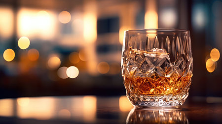 Whiskey with ice in a glass with bokeh background. (ai generated)の素材