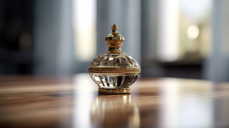 Close up view of a beautiful golden perfume bottle on a wooden table. (ai generated)の素材