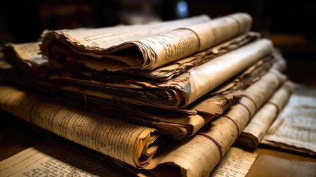 Pile of old newspapers on a wooden table. Selective focus. (ai generated)の素材