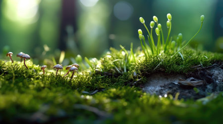 Moss and small mushrooms in the forest. Selective focus. (ai generated)の素材