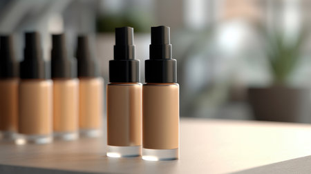 Cosmetic bottles on table in beauty salon, closeup. Mockup for design. (ai generated)の素材