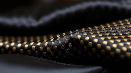 Close up of black textured fabric with gold pattern. Selective focus. (ai generated)の素材