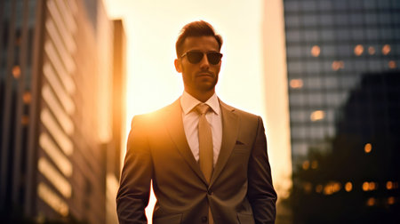 Portrait of a handsome young man in a suit and sunglasses on a city background. (ai generated)の素材