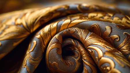 Texture, background, pattern, silk fabric of brown color with a print of gold. The fabric has a beautiful pattern. (ai generated)の素材
