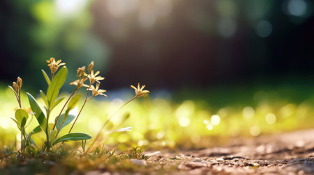 Small sprout of grass in the sunlight on a blurred background. (ai generated)の素材