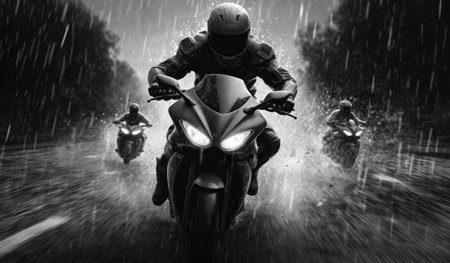 Motorcycle rider on the road in the rain. (ai generated)の素材