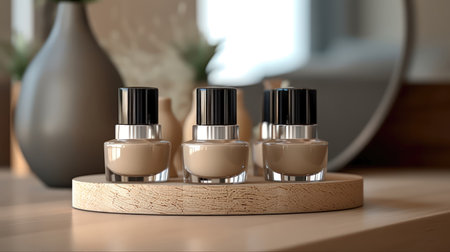 Cosmetics bottles on wooden table in bathroom. (ai generated)の素材
