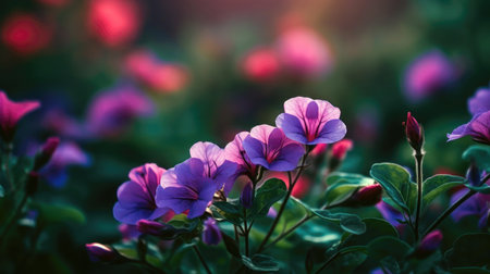 Beautiful purple flowers in the garden at sunset. Natural background. (ai generated)の素材