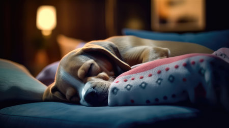 Cute beagle dog sleeping on a pillow in a dark room. (ai generated)の素材