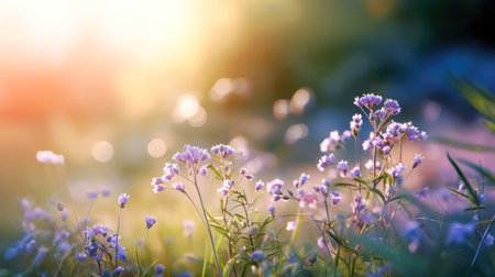 Beautiful summer meadow with purple flowers and sunlight. Natural background. (ai generated)の素材