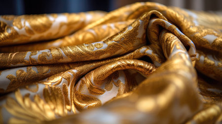 Background texture, pattern. The fabric is golden, with a beautiful pattern of gold and white. (ai generated)の素材