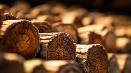 Pile of firewood prepared for winter, shallow depth of field. (ai generated)の素材