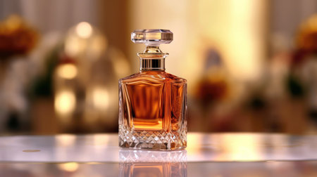 Bottle of perfume on table against blurred background, close-up. (ai generated)の素材