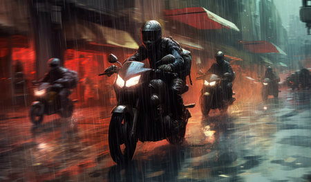 Motorcyclists on the streets of the city in the rain. (ai generated)の素材