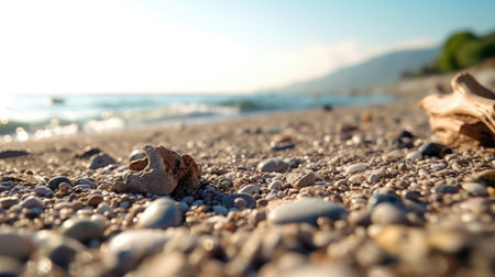 Seashells on the beach in the rays of the setting sun. (ai generated)の素材