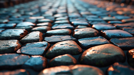 Cobblestone road in the evening light. Abstract background. (ai generated)の素材
