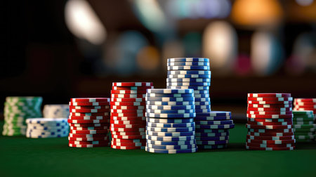 Poker chips on green table in casino. 3d illustration. (ai generated)の素材