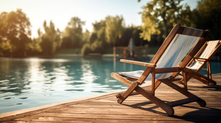 Wooden deck chairs by the swimming pool in the summer. Vacation concept. (ai generated)の素材